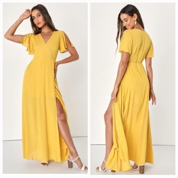 Lulus Much Obliged Golden Yellow Wrap Maxi Dress - Picture 1 of 8